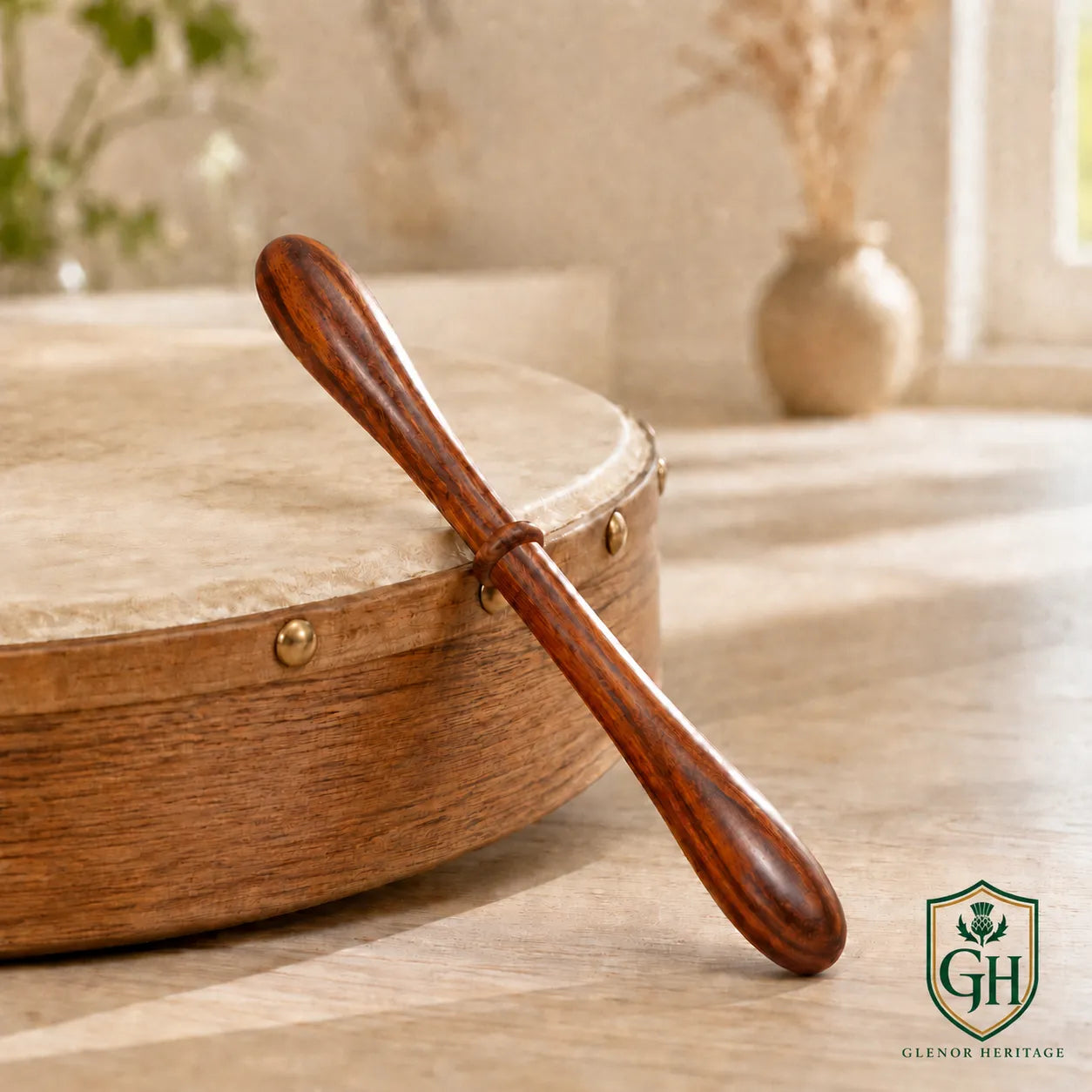 Wooden Bodhran drum beater by Glenor Heritage – handcrafted hardwood Irish tipper front view