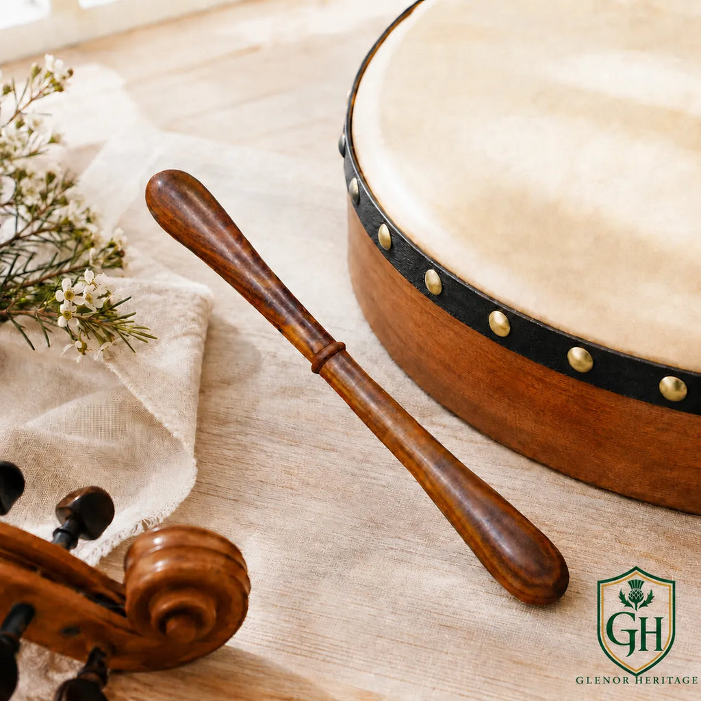 Glenor Heritage wooden Bodhran beater close-up showing hardwood grain and smooth rounded ends