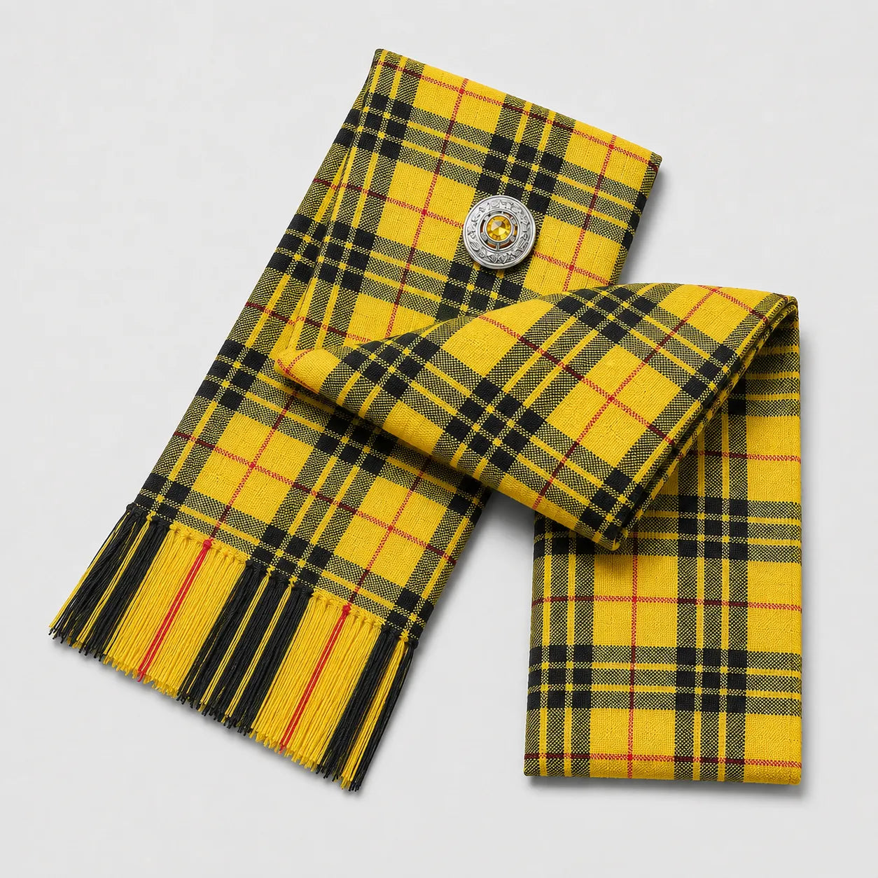 MacLeod of Lewis Tartan Sash front view – full-size women's Highland sash in vibrant yellow and black clan tartan by Glenor Heritage