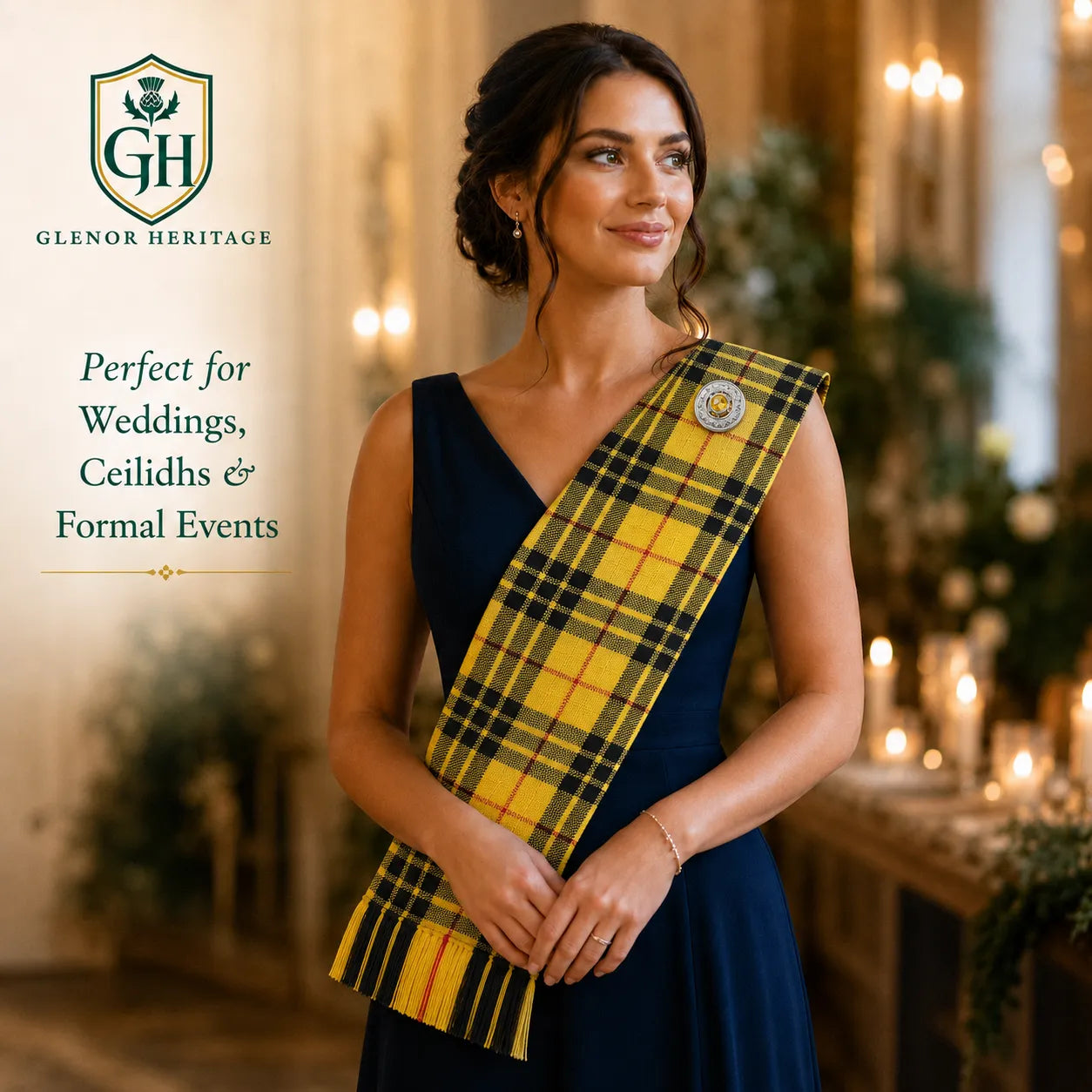 MacLeod of Lewis Tartan Sash draped showing full length and traditional fringe edging
