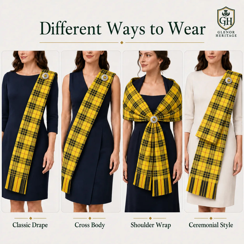 MacLeod of Lewis tartan sash worn over shoulder – formal Highland dress sash for clan gatherings