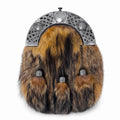 Celtic knot premium fur sporran front view – full dress Highland sporran with Celtic knotwork cantle and traditional tassels by Glenor Heritage