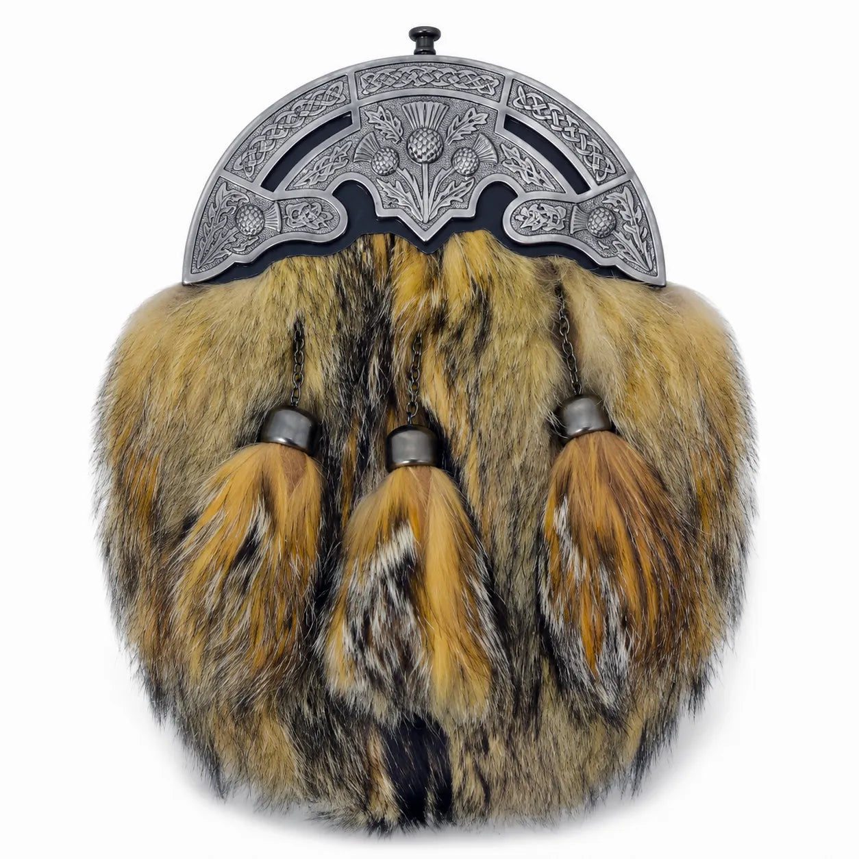 Thistle premium fur dress sporran front view – formal Highland sporran with Scottish thistle cantle and elegant tassels by Glenor Heritage