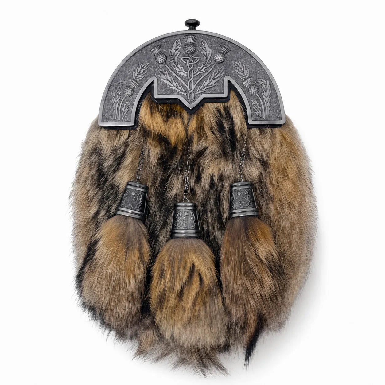 Rabbit fur thistle sporran front view – premium Highland dress sporran with Scottish thistle cantle and tassels by Glenor Heritage